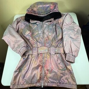 Obermeyer Women Vtg Ski Jacket Hooded Pink Purple Metallic Paisley Full Zip Sz L